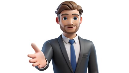 3DRendered Cartoon Businessman in Suit giving a Handshake on White Background