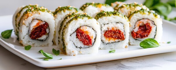 Plant based cuisine vegetarian fusion concept. Japanese-Italian fusion sushi rolls with sun-dried tomatoes and basil pesto drizzle
