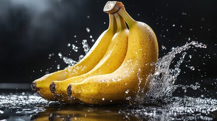 A bunch of fresh ripe bananas with water droplets and dramatic splashes on a black background. The golden-yellow peel glistens in the light, emphasizing their juiciness and natural freshness