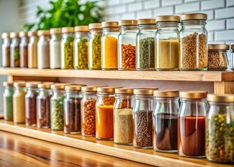 Organized Kitchen Spice Rack with Clear Jars and Wooden Lids - Stock Photo