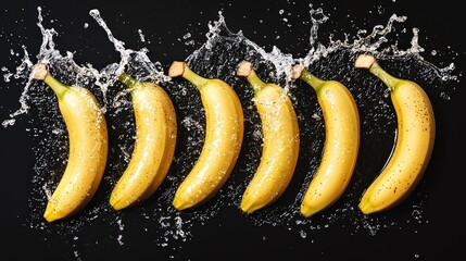 A row fresh bananas with water droplets and dramatic splashes on a black background. The golden-yellow peel shines under the light, creating a sense of freshness and juiciness