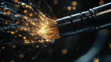 Fototapeta premium A detailed shot of an Ethernet cable being stripped, showing the inner wires and network components, with focused lighting for a clear, sharp image.