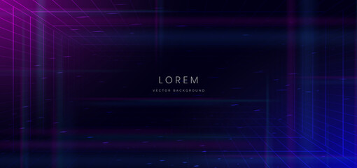 Abstract technology futuristic glowing blue and pink light lines with speed motion blur effect on dark blue background.