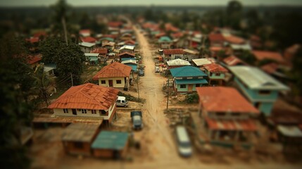 Naklejka premium Rural village street aerial view, houses, cars, trees
