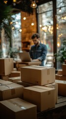 Young Man Shipping Packages in Cozy Cafe with Warm Lighting