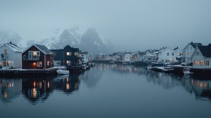 Norwegian Fjords Village at Dusk; Calm Water Reflections; Snowy Mountains; Tourist Destination; Peaceful Scene