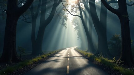 Sunbeams Illuminate a Misty Road Winding Through a Dark Forest of Tall Trees