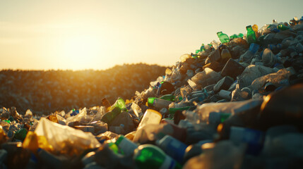 Obraz premium vast landscape of plastic waste under golden sunset, highlighting environmental issues. scene captures urgent need for recycling and waste management