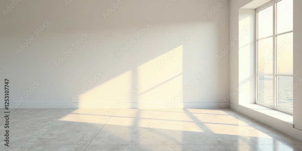 Poster empty room with sunlight streaming through a large window offering a serene view