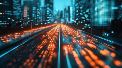 Cityscape Night Traffic Blur with Blue Neon Light Effects