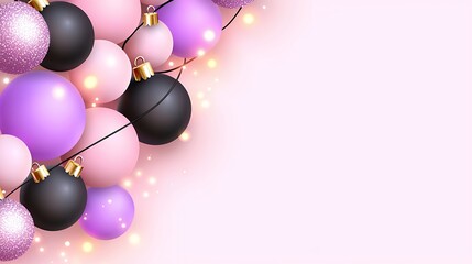 Pink And Purple Christmas Ornaments With Gold String Lights On Pastel Pink Background