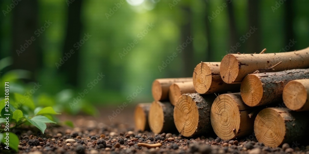 Poster a stack of freshly cut logs rests on the forest floor, surrounded by verdant undergrowth and dappled