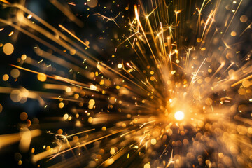 Captivating golden explosion of light with sparkling particles, resembling a magical burst or starry night.