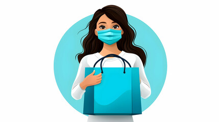 Young Woman with Shopping Bag and Mask in Modern Design Style