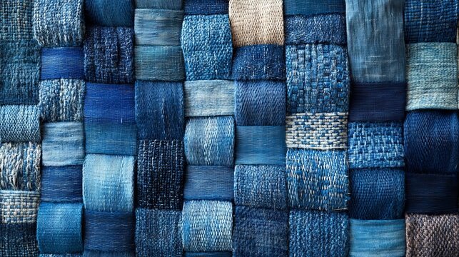 Intricate Textile Art, A Tapestry of Woven Blue Hues and Textural Depths