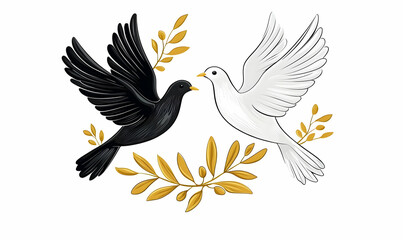 Obraz premium Black and White Birds Surrounded by Golden Leaves and Flowers Art