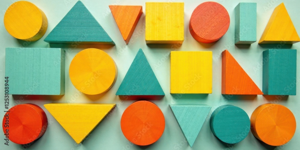 Poster A vibrant collection of colorful geometric shapes, arranged in a visually appealing pattern, showcasing various sizes and hues of teal, orange, and yellow.