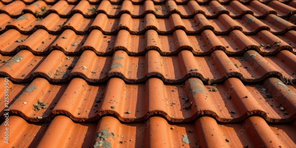 Poster a detailed close-up view of interlocking clay roof tiles with subtle imperfections