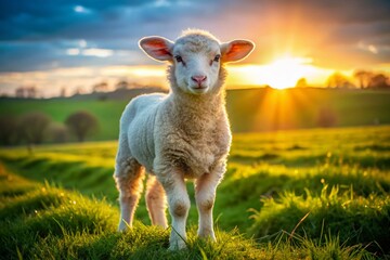 Fototapeta premium Panoramic Portrait: Rare Poll Dorset Lamb in Lush Pasture