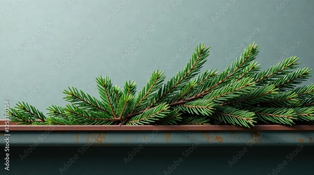Poster evergreen boughs rest on a rustic metal surface against a muted green backdrop