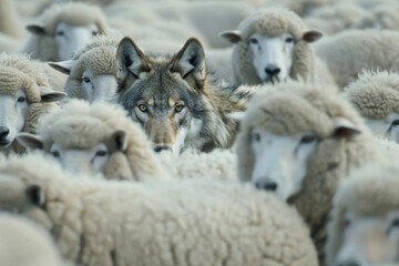 A wolf peering intently through a flock of sheep, capturing a striking contrast between predator and prey in their natural habitat.
