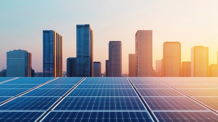 Solar Panels on Roof with City Skyline at Sunset Lighting
