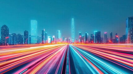 Fototapeta premium Futuristic Cityscape with Colorful Lights and Motion Blur at Night