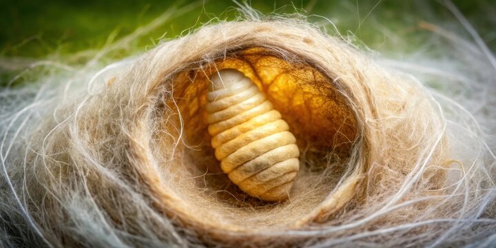 Detailed illustration of a single silkworm cocoon surrounded by soft