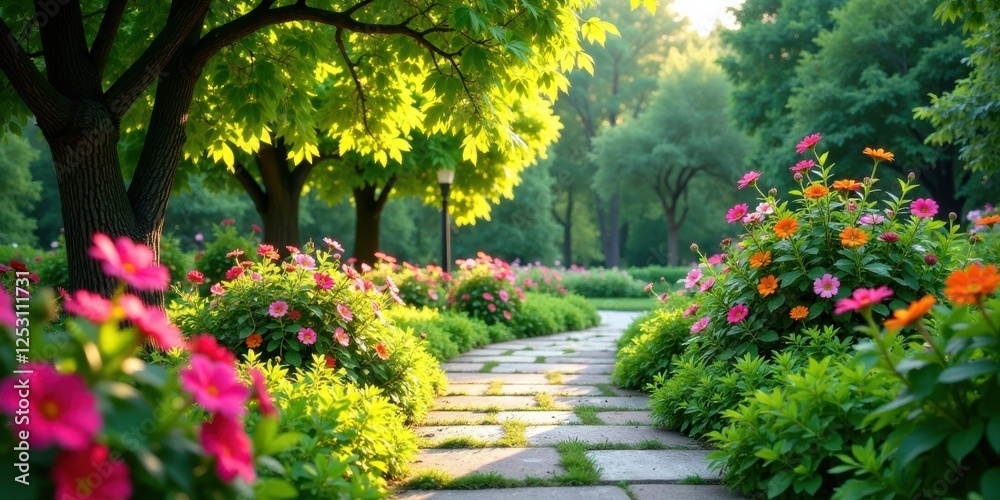 Poster a sunlit garden path meanders through vibrant blossoms and lush greenery, creating a tranquil and pi