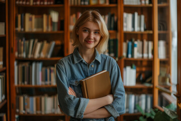 A young blonde woman smiling, holding a book in a library, surrounded by shelves filled with books.