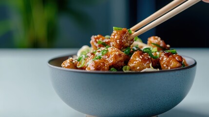 Chopsticks delicately grasp savory glazed chicken pieces, exquisitely garnished to entice taste buds, capturing an authentic dining experience.