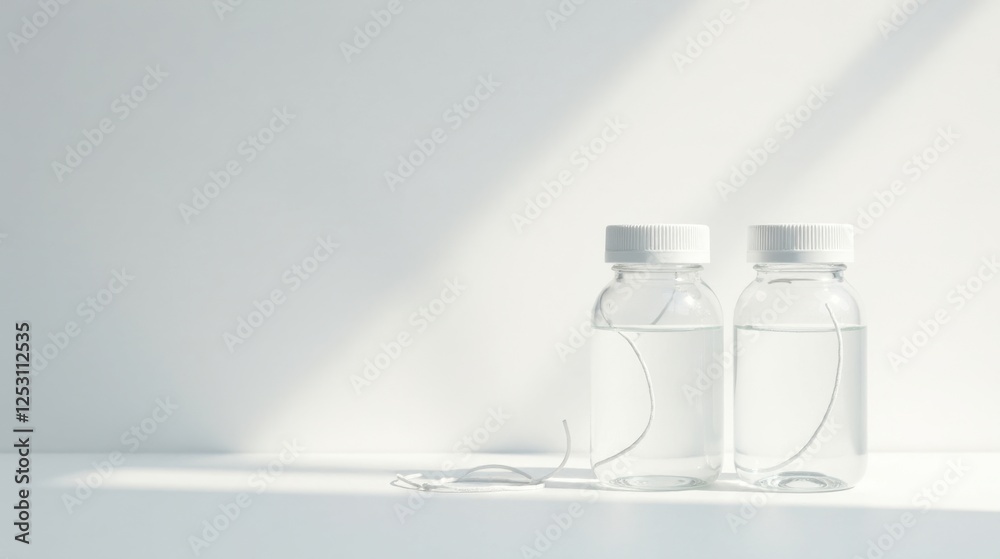 Leinwandbilder two clear bottles with white caps and thin white strings submerged in liquid on a white surface in s