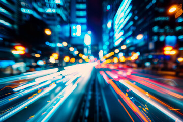 Fototapeta premium Dynamic long exposure shot of a bustling city street at night, showcasing vibrant light trails and urban energy.