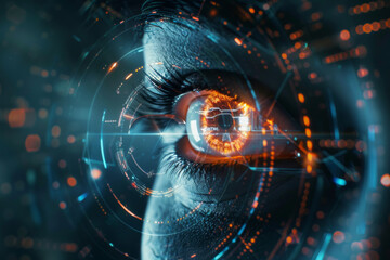 Close-up of a human eye with digital and futuristic technology elements, depicting advanced biometric scanning.