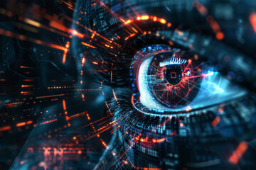 Close-up of a human eye with digital and futuristic technology elements, depicting advanced biometric scanning.