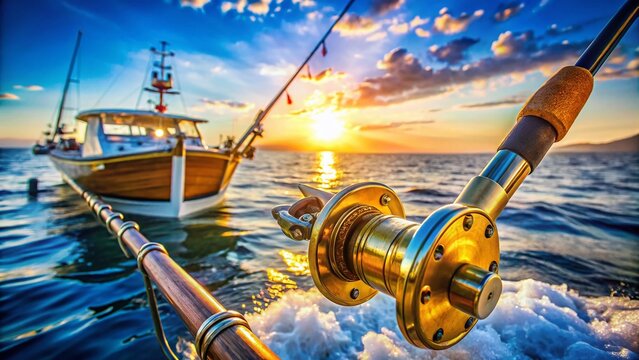 Panoramic View of Blue Sea Trolling: Macro Shot of Fishing Rod and Reels