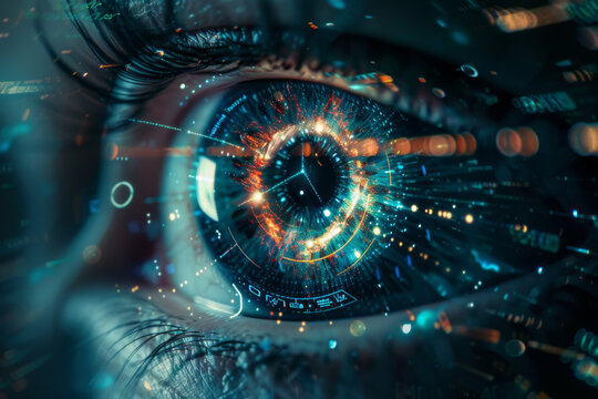 Close-up of a human eye with digital and futuristic technology elements, depicting advanced biometric scanning.