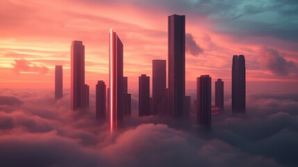 Fototapeta premium Sunset Over Skyscrapers Emerging from a Sea of Clouds in Skyline