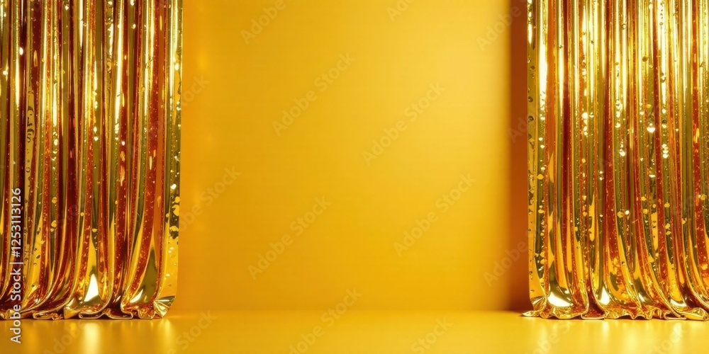 Fototapete golden drapery background luxurious metallic curtains frame a vibrant yellow wall, creating an elega