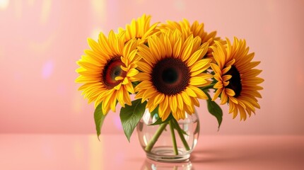 Fototapeta premium Sunflowers in vase: A bright and cheerful bouquet radiates warmth against a soft pink backdrop.