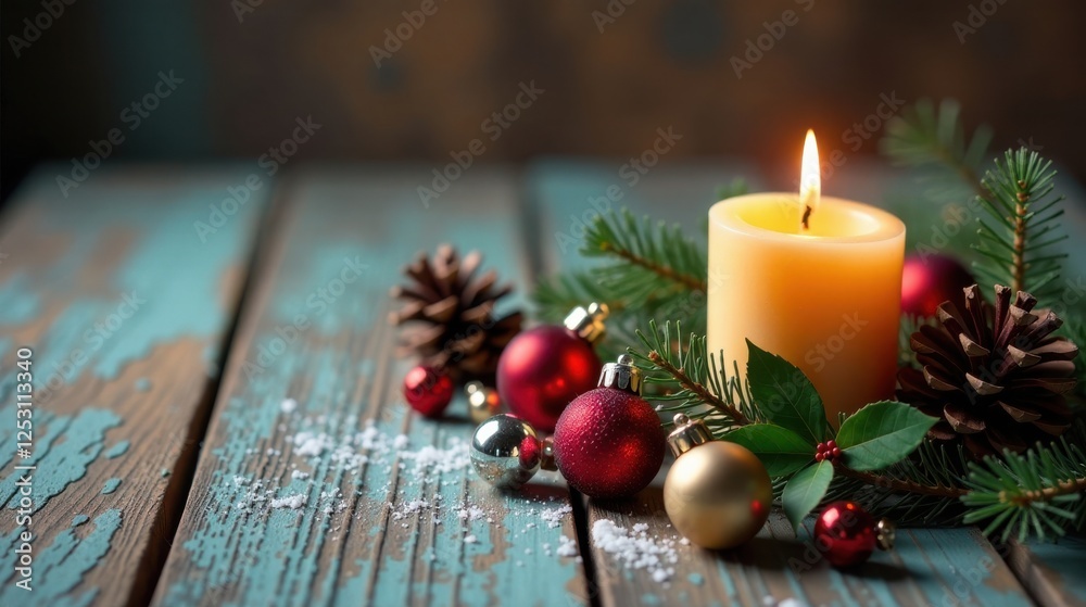 Poster a warm candle glows amidst festive ornaments and evergreen boughs, resting on a rustic wooden surfac