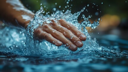 Fototapeta premium A hand gently touches the water, creating a beautiful splash. The image evokes serenity and the feeling of refreshment. Swimmers hand entering the water.