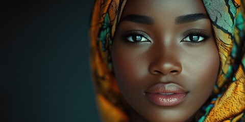 A young woman wearing a patterned head scarf, with makeup and dressed in modern clothing that reflects cultural influence.