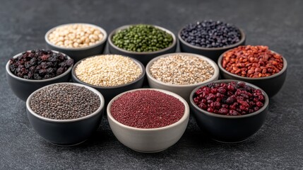 A diverse assortment of cereals and grains artfully arranged in black bowls, showcasing rich textures and earthy tones on a dark stone surface.