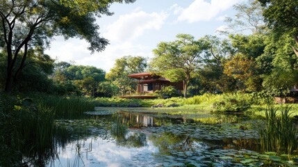 Serene Lakeside House in Lush Greenery