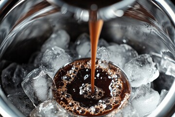 A skilled barista pouring a latte art pattern over cold brew coffee with ice cubes for an appealing presentation.