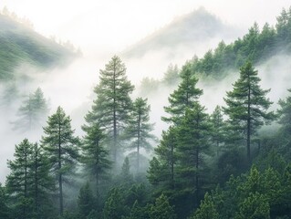 Fototapeta premium Mystical early morning fog envelops a dense mountain forest with pine trees.