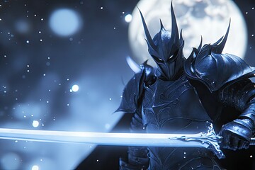 A black knight, cloaked and sword in hand, stands against a blue eclipse
