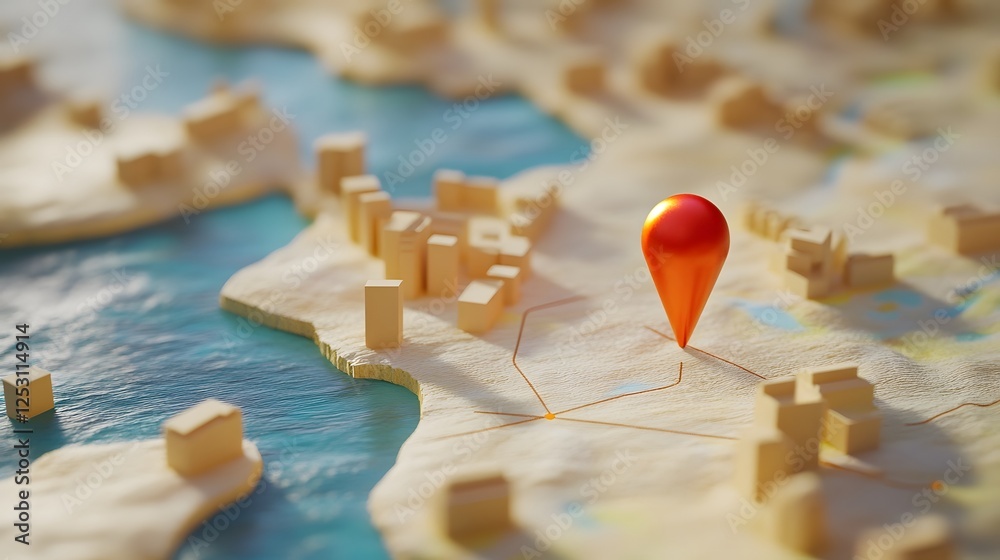 Fototapete 3D aerial map visualization showing a bird s eye view of a city or town with a red marker highlighting the selected destination location  The map includes various landscape features infrastructure