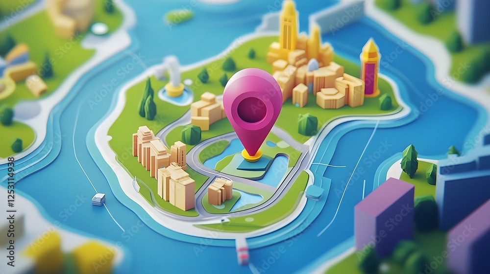 Fototapete 3d aerial view of a highly detailed miniature city model with gps navigation pin pointing to a speci